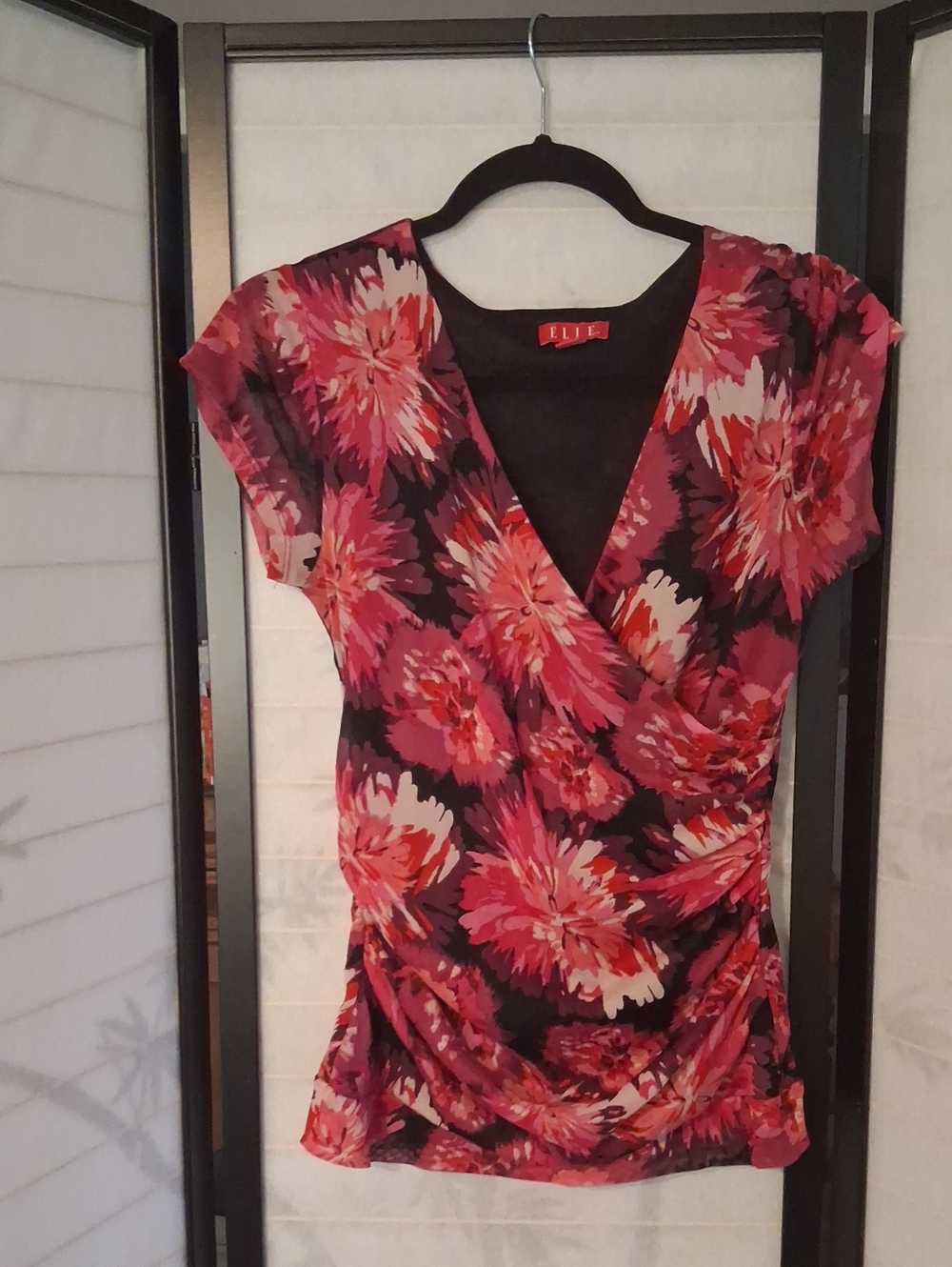 ELLE Pink and Black Floral Surplice Cap-Sleeve Top